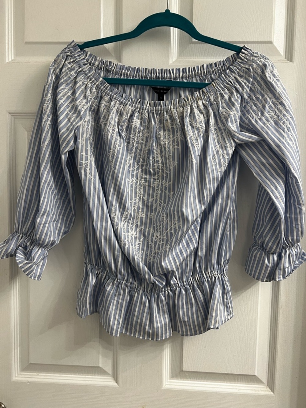 White House Black Market Striped Off-Shoulder Blouse in Light Blue and White